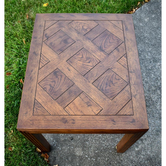 Henredon Oak Square Table Parquet Top Reeded Parsons Legs Mid Century End For Sale In Philadelphia - Image 6 of 14