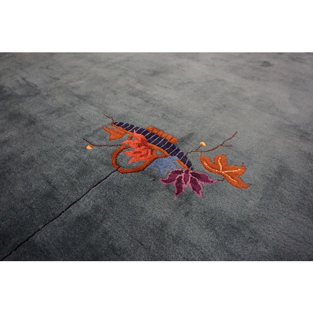 Exceptional Army Green Color Ground With Bits of Chinese Ornament Floral Design Antique Chinese Art Deco Rug For Sale - Image 10 of 15