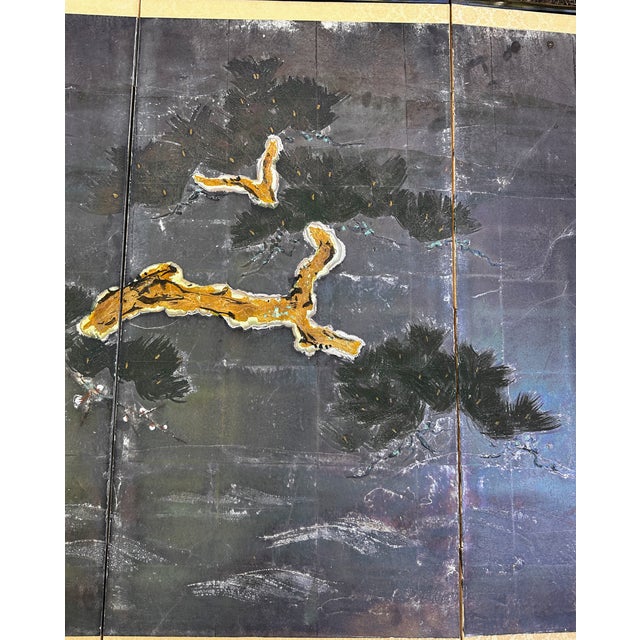 Vintage Japanese Four-Panel Hand-Painted Silver Leaf Pine Tree Folding Screen For Sale - Image 10 of 16