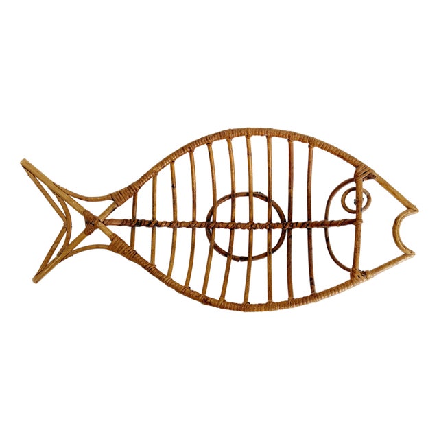 1950s Bamboo & Rattan Fish Basket For Sale