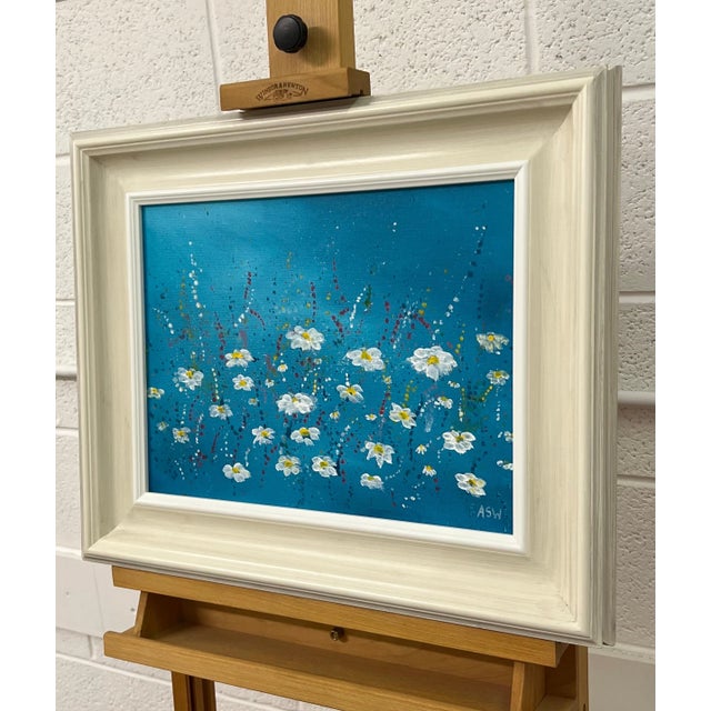 Angela Wakefield Angela Wakefield Abstract White Daisy Flowers on Turquoise Background by Contemporary Artist, 2023 For Sale - Image 4 of 12