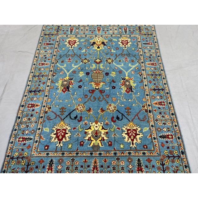 Sky Blue Persian Style Floral Area Rug With Botanical Border, 4'9" X 6'3" For Sale - Image 4 of 14