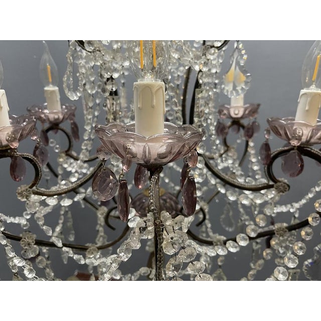 Mauve Vintage Italian Crystal Beaded Chandelier with Lilac Glass Bobeches, 1960s For Sale - Image 8 of 18