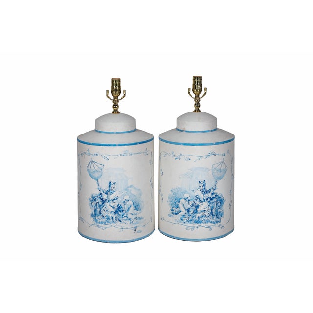 A Pair Vintage English Export Tea Caddy Hand-Painted Chinoiserie Figurines Table Lamp For Sale - Image 10 of 10