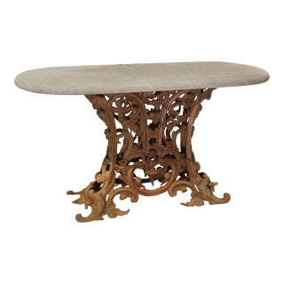 Unique Antique French Cast Iron Table With Oval Bluestone Top, Circa 1900 For Sale