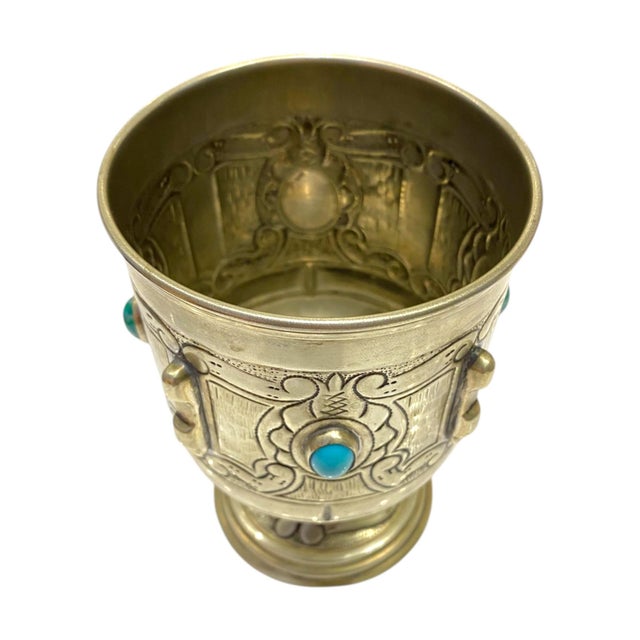 Mexican Vintage Alpaca Silver Spanish Goblet Cup With Turquoise Color Cabochon Stone Accents For Sale - Image 3 of 16