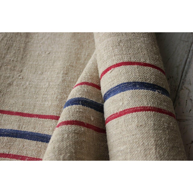 Vintage Grain Sack Fabric Material Linen Red Blue 2.75 Yds Old