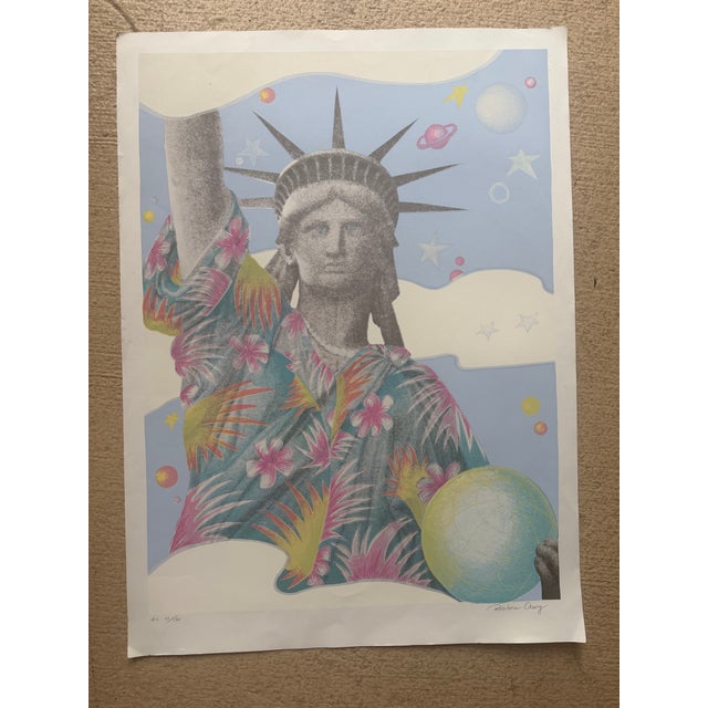 Vintage art print by Barbara Cesery depicting the Statue of Liberty in a Hawaiian shirt in a vibrant Neo-Pop style....