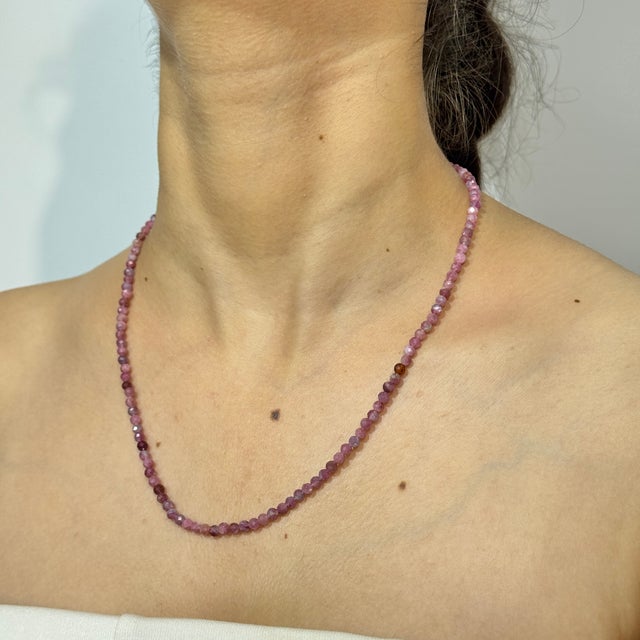 Vintage Style Genuine 53 Ct Pink Tourmaline 4 Mm Bead Matinee Necklace - 19.5" For Sale - Image 9 of 15