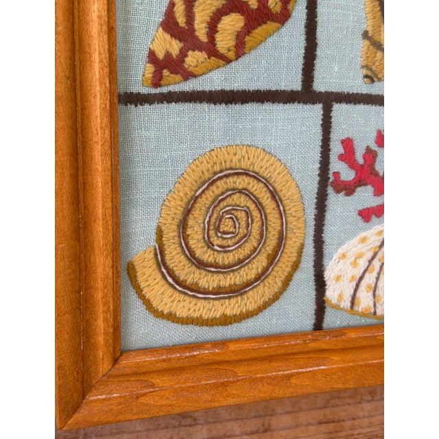 Charming vintage coastal textile art featuring beautifully detailed hand-worked needlepoint seashell and coral motifs...