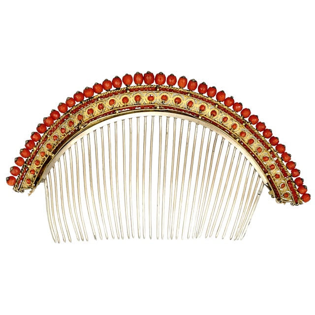 Silver Antique French Empire Coral Hair Comb Diadem Tiara Gold Vermeil Silver For Sale - Image 8 of 12