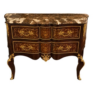 French Louis XV Commode – Marble Top Chest of Drawers With Gold Leaf Details & Marquetry For Sale