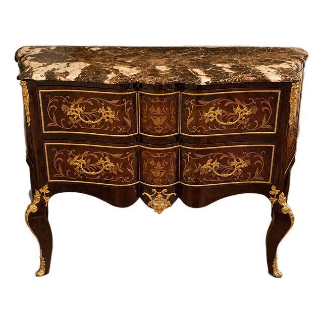 French Louis XV Commode – Marble Top Chest of Drawers With Gold Leaf Details & Marquetry For Sale