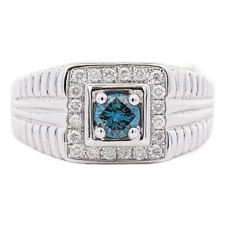 0.74 Carat Blue & White Diamond White Gold Ribbed Men's Ring, Size 9.5 For Sale