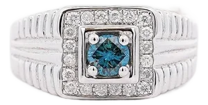 0.74 Carat Blue & White Diamond White Gold Ribbed Men's Ring, Size 9.5