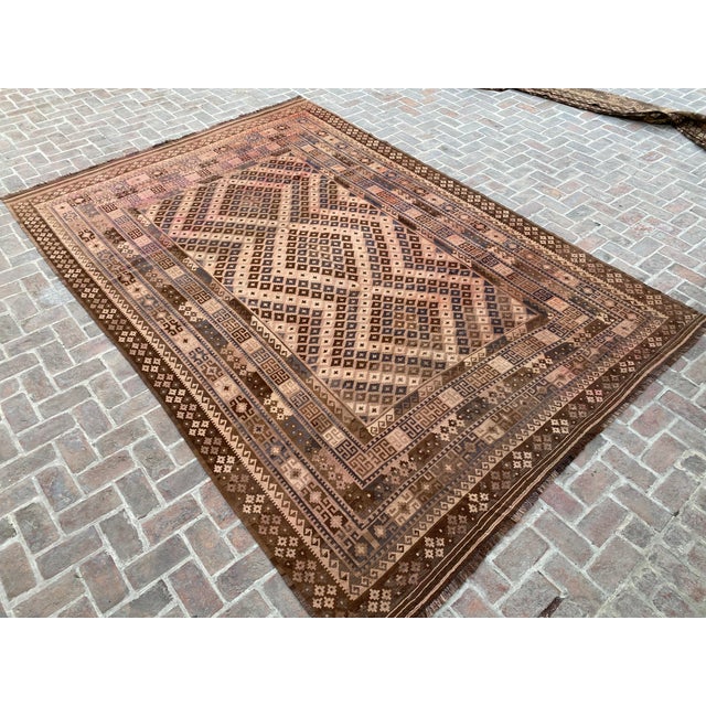 Handwoven Maimana Ghalmori Kilim Rug in Brown, Blue and Rose, 9.6 X 13.6 Ft For Sale - Image 4 of 12