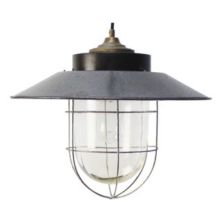 Industrial Gray Enamel Pendant Light with Bakelite Brass Top For Sale