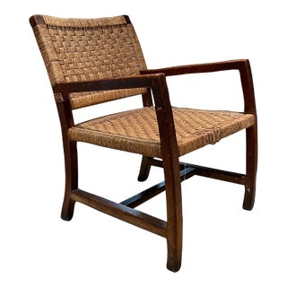 Clara Porset Style Armchair, Red Pine Wood & Seagrass, Mexico, 1940s For Sale