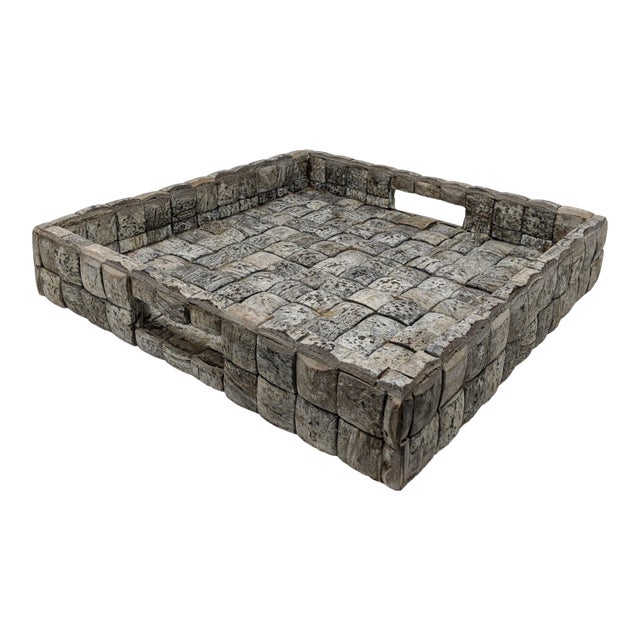 Organic Modern Coastal White Washed Coconut Shell Lined Handmade Decorative Tray For Sale