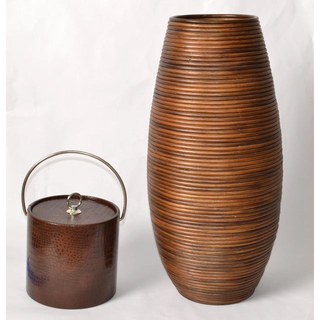 Brown 1960s Brown Faux Alligator Texture Leather Insulated Ice Bucket Steel Tongs For Sale - Image 8 of 13