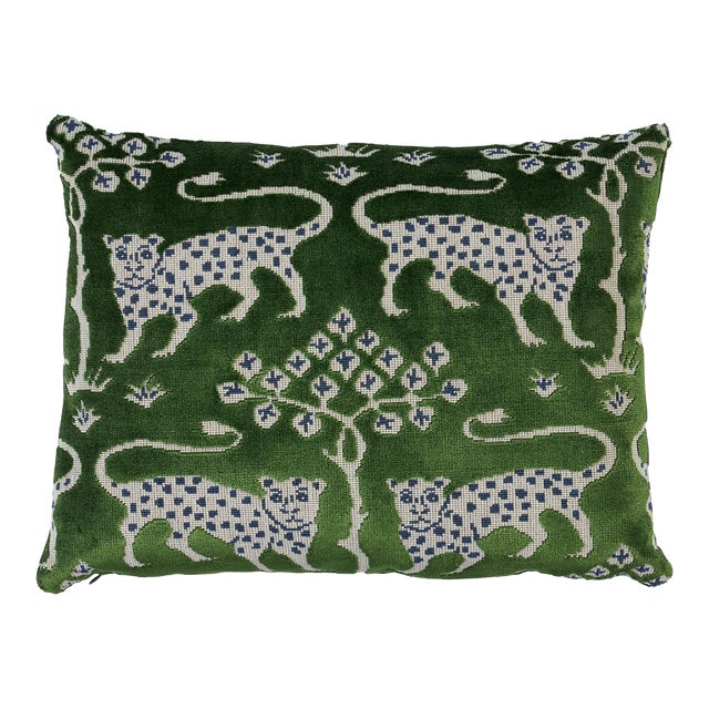 Schumacher Woodland Leopard Velvet 16" Pillow in Emerald For Sale