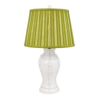 Vintage White Faux Bamboo Ceramic Table Lamp With Heath & Company Pleated Shade For Sale