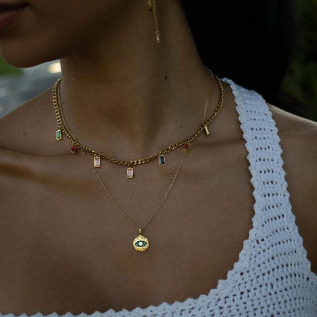 Contemporary Multicolor Gemstone Gold Chain Choker Necklace For Sale - Image 3 of 10