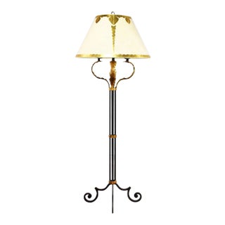 Monumental Neoclassical Style Iron Floor Lamp With Acanthus Leaf Design & Parchment Shade For Sale