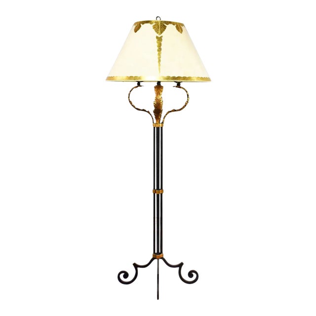 Monumental Neoclassical Style Iron Floor Lamp With Acanthus Leaf Design & Parchment Shade For Sale