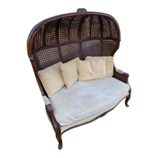 Vintage French Country Louis XV Style Double Cane Italian Canopy Porter Settee For Sale