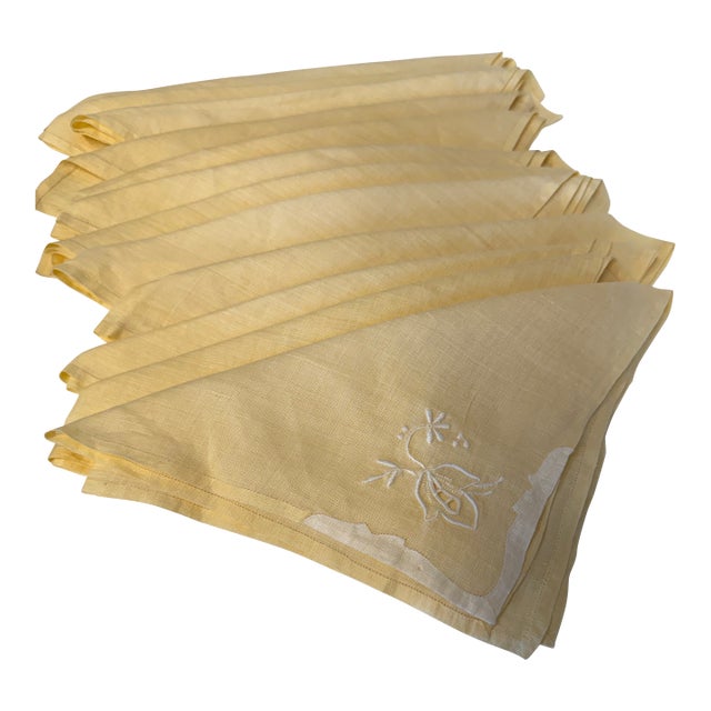 French Linen Pale Yellow Hand Made Napkins, S/12 For Sale