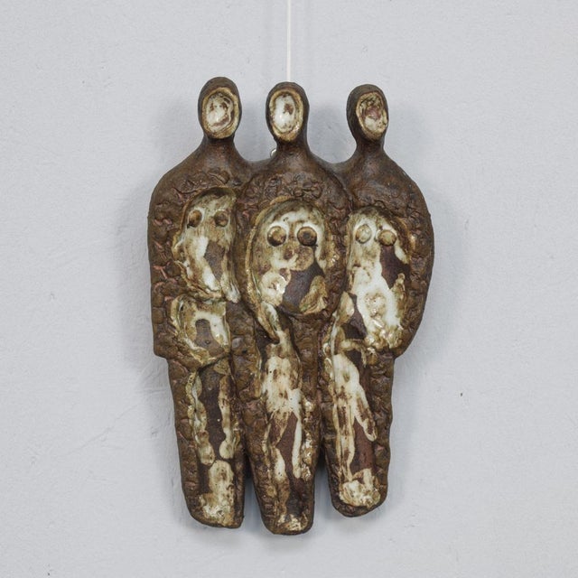 Beige Brutalist Ceramic Wall Relief with Three Figures by AR, 1970s For Sale - Image 8 of 8