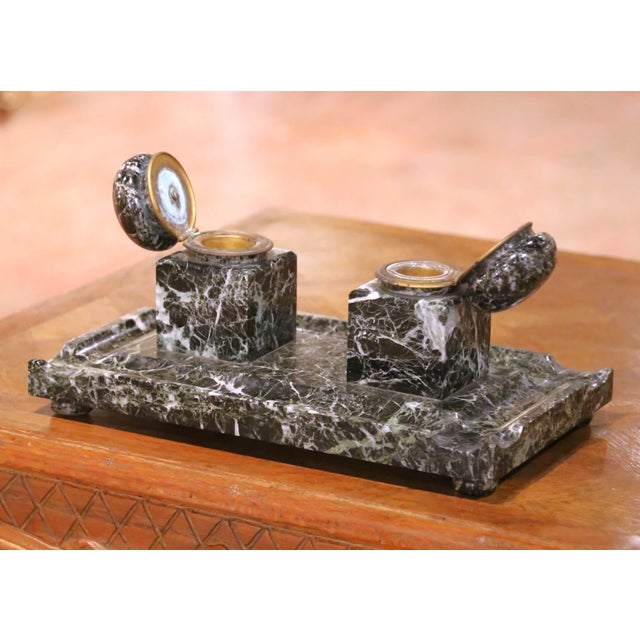19th Century French Napoleon III Marble Double Inkwell With Bronze Mounted Lids For Sale In Dallas - Image 6 of 9