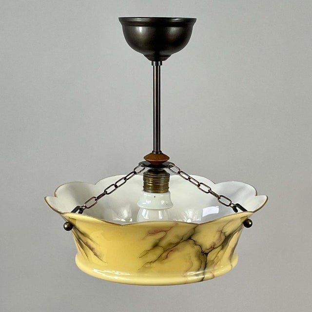 Art Deco Marbled Opaline & Brass Semi Flush Mount, Sweden, 1930s For Sale - Image 6 of 16