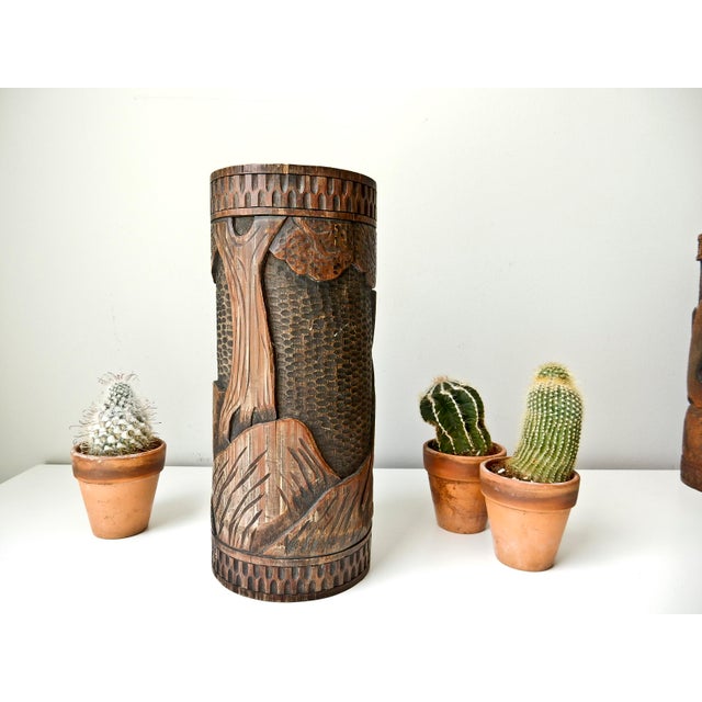 Antique Bamboo Vase, Japanese Brush Holder, Carved Wood Vase, Samurai