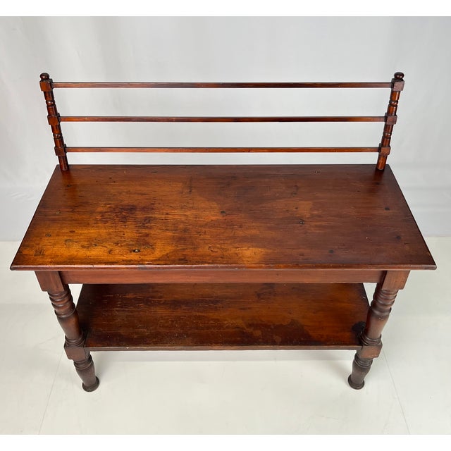 Farmhouse Antique Rustic Wood Baker's Rack / Wash Stand With Slotted Gallery & Lower Shelf For Sale - Image 3 of 13