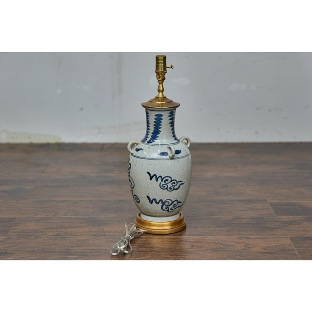 Early 21st Century Asian Porcelain Vessel Table Lamp with Cobalt Brushwork and Gilded Base For Sale - Image 5 of 9