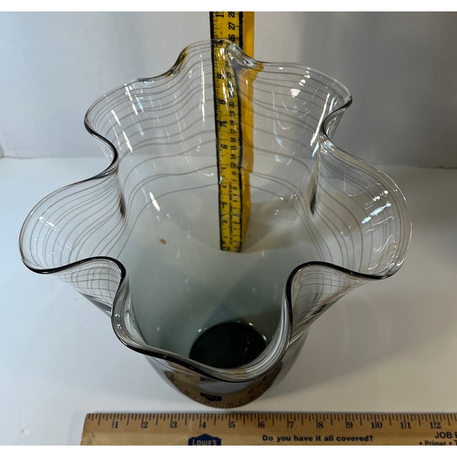 Casamotion Smokey Gray Art Glass Vase With Swirl Design and Ruffled Lip For Sale - Image 12 of 12
