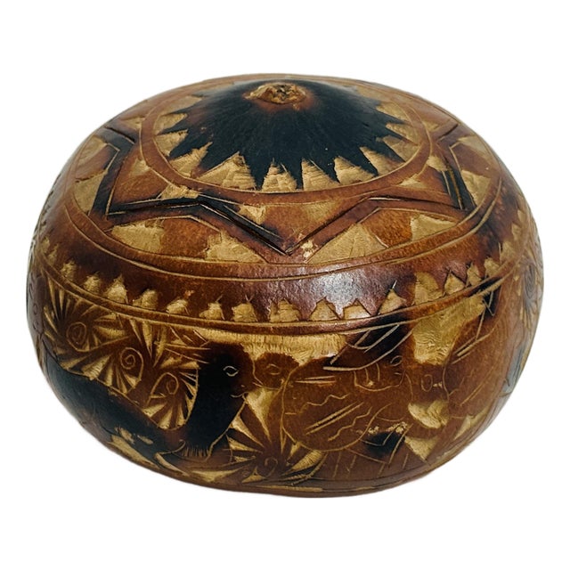 Vintage Peruvian Mate Burilado Carved Gourd Box With Llamas For Sale
