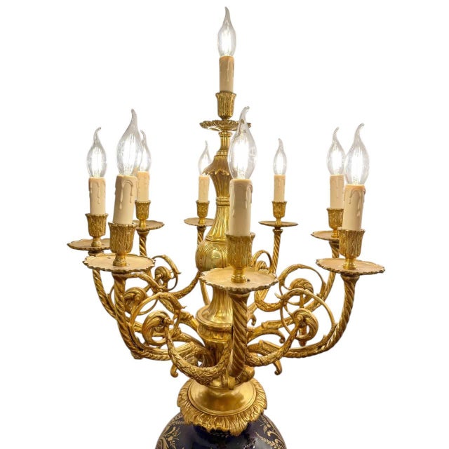 1960s Majestic Pair of Antique Sevres-Style Porcelain & Ormolu Candelabra Lamps on Pedestals 19th Century For Sale In Orlando - Image 6 of 8