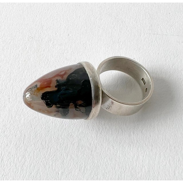 Sterling silver ring with a magnificent, high domed moss agate created by George Kaplan for Ge-Kå, Stockholm, 1965. Ring...