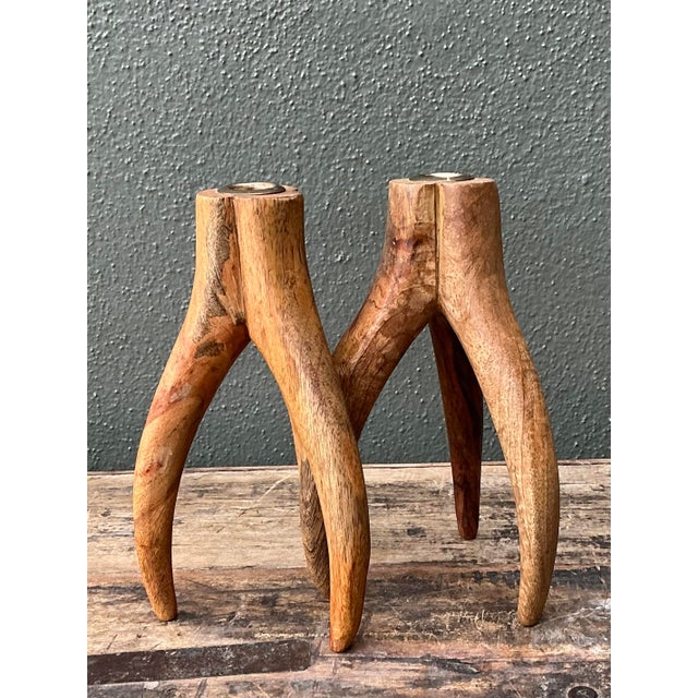 Mid-Century Modern Vintage Carved Wood and Brass Antler Candlesticks - A Pair For Sale - Image 3 of 12