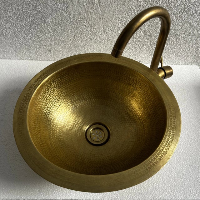 Farmhouse Rustic Moroccan Farmhouse Hammered Brass Sink Bathroom Drop-In Oval Bar Sink With Brass Drain For Sale - Image 3 of 10