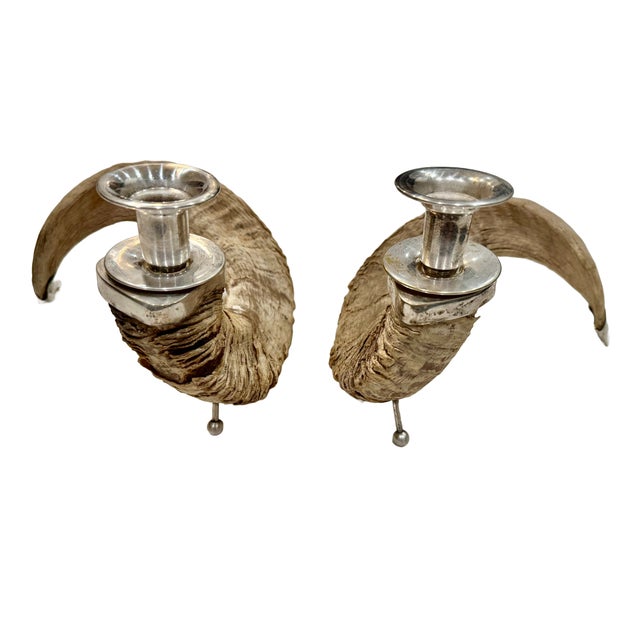Large 1960s Curly Ram Horn & Silver Candlesticks For Sale - Image 12 of 13