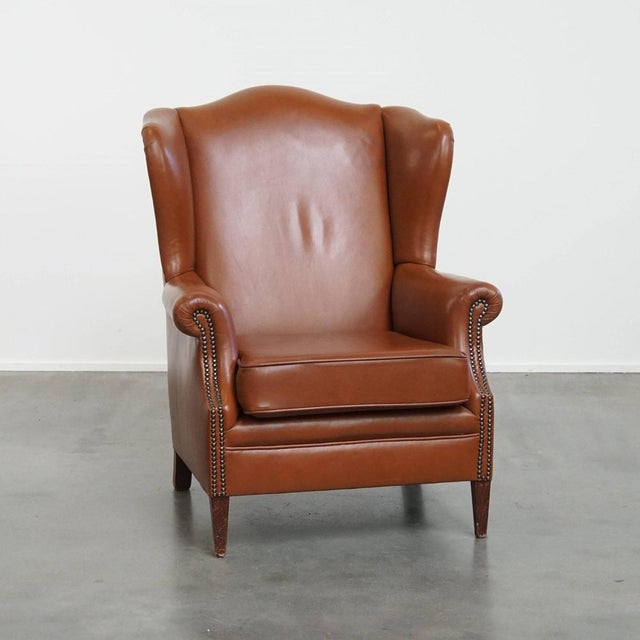 English Cognac-Colored Cowhide Wing Chair For Sale - Image 14 of 14