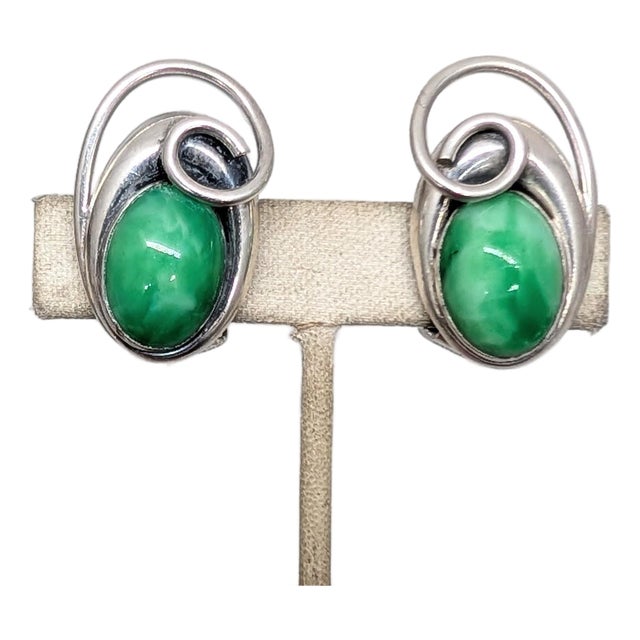 Vintage 1950s Signed Napier Modernist Silvertone & Cabochon Faux-Jade Clip Earrings-2 Pieces For Sale
