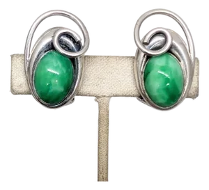 Vintage 1950s Signed Napier Modernist Silvertone & Cabochon Faux-Jade Clip Earrings-2 Pieces