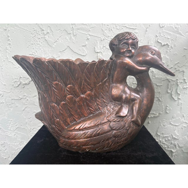 Vintage Korean Cast Metal Swan & Cherub Planter Cachepot in Bronze Finish, 1970s For Sale - Image 4 of 11