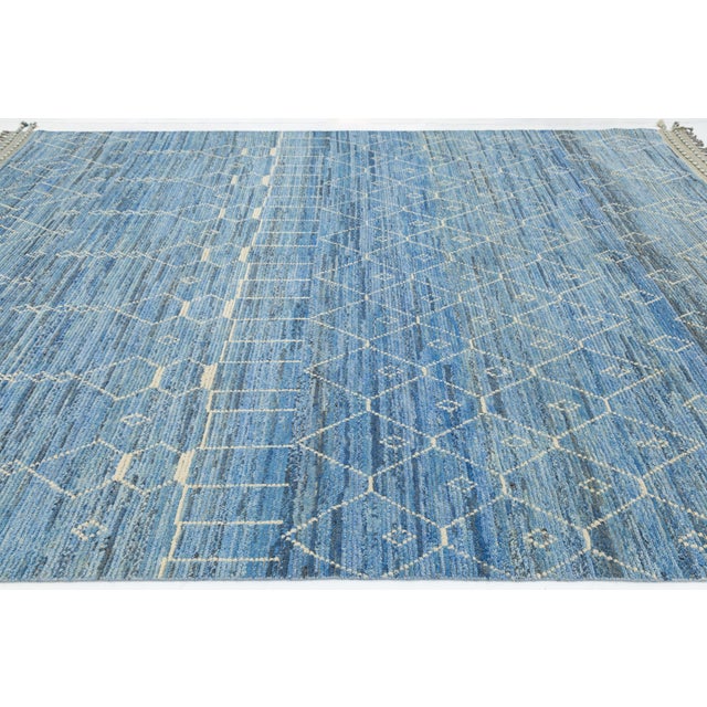 Blue Modern Moroccan Style Wool Rug Handwoven Blue With Tribal Geometric Motifs For Sale - Image 8 of 10