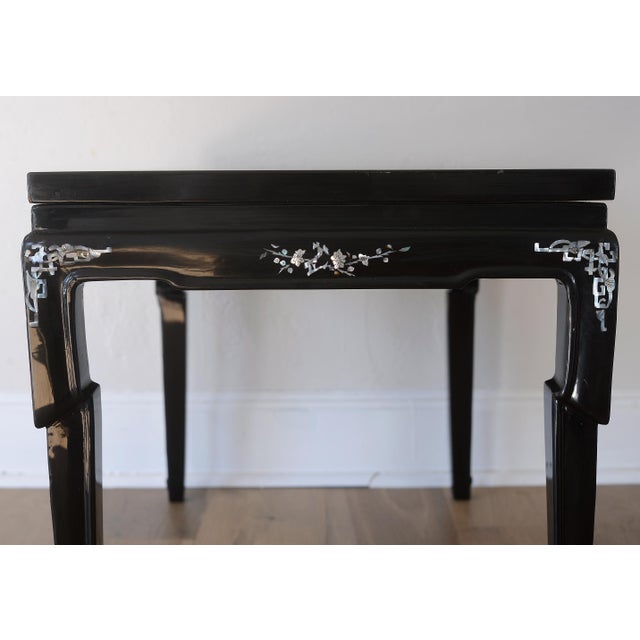 1960s Vintage 1960s Vietnamese Black Lacquer & Mother of Pearl Side Tables - A Pair For Sale - Image 5 of 17